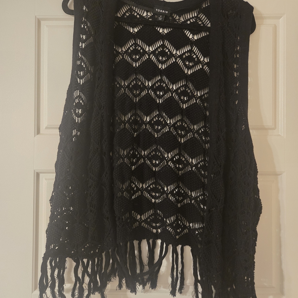 Torrid Black Open-Knit Fringe Vest